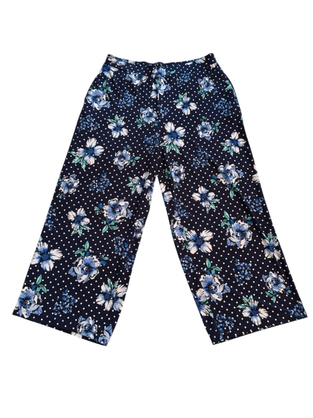 Susan Graver Navy Floral Polka Dot Flowy Pants Size Small